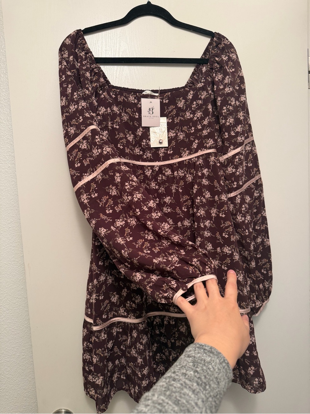 Floral Square-Neck Long Sleeve Dress in Plum with Cream Trim